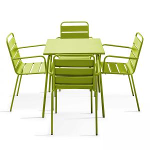 Ensemble table de terrasse carrée et 4 fauteuils acier vert