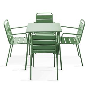 Ensemble table de terrasse carrée et 4 fauteuils acier vert…