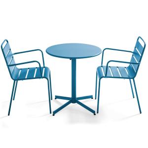 Ensemble table de terrasse et 2 fauteuils métal bleu pacifi…