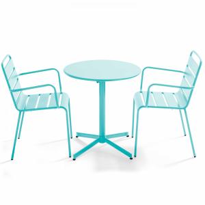 Ensemble table de terrasse et 2 fauteuils métal turquoise