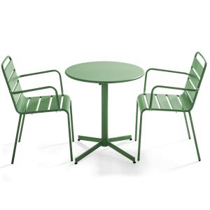 Ensemble table de terrasse et 2 fauteuils métal vert cactus