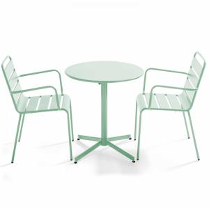 Ensemble table de terrasse et 2 fauteuils métal vert sauge