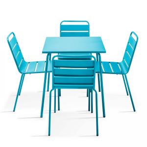 Ensemble table de terrasse et 4 chaises en métal bleu