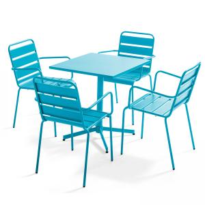 Ensemble table de terrasse et 4 fauteuils en métal bleu