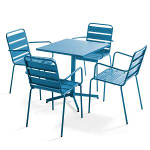 Ensemble table de terrasse et 4 fauteuils en métal bleu pac…