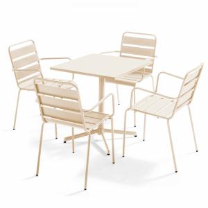 Ensemble table de terrasse et 4 fauteuils en métal ivoire