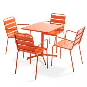 Ensemble table de terrasse et 4 fauteuils en métal orange