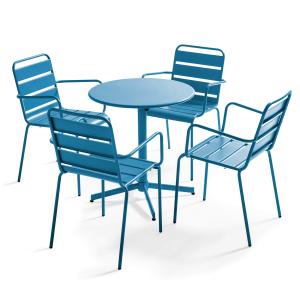 Ensemble table de terrasse et 4 fauteuils métal bleu pacifi…