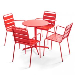 Ensemble table de terrasse et 4 fauteuils métal rouge