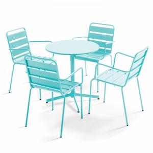 Ensemble table de terrasse et 4 fauteuils métal turquoise