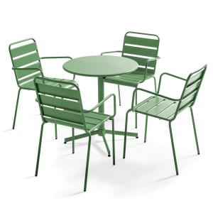 Ensemble table de terrasse et 4 fauteuils métal vert cactus