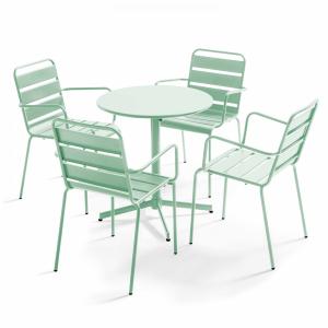 Ensemble table de terrasse et 4 fauteuils métal vert sauge