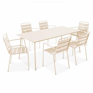 Ensemble table de terrasse et 6 fauteuils en métal ivoire