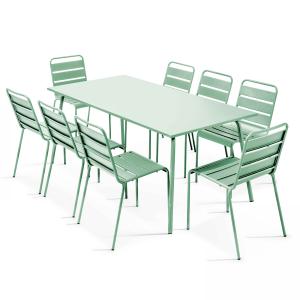 Ensemble table de terrasse et 8 chaises en métal vert sauge