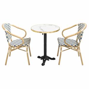 Ensemble table de terrasse marbre blanc et 2 chaises bleu