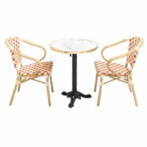 Ensemble table de terrasse marbre blanc et 2 chaises rouge