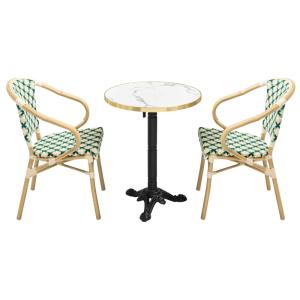 Ensemble table de terrasse marbre blanc et 2 chaises vert