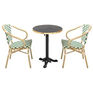 Ensemble table de terrasse marbre noir et 2 chaises vert