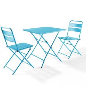 Ensemble table de terrasse pliante et 2 chaises acier bleu