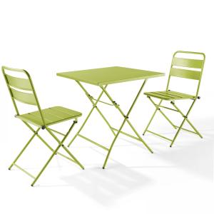 Ensemble table de terrasse pliante et 2 chaises acier vert