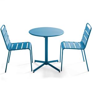 Ensemble table de terrasse ronde et 2 chaises métal bleu pa…