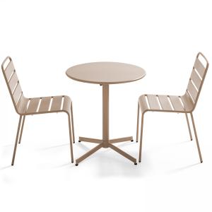 Ensemble table de terrasse ronde et 2 chaises métal taupe