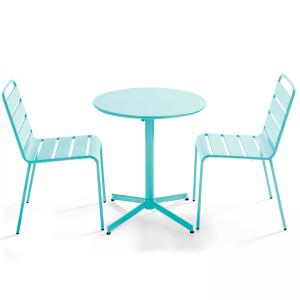 Ensemble table de terrasse ronde et 2 chaises métal turquoi…