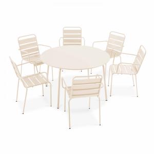 Ensemble table de terrasse ronde et 6 fauteuils acier ivoire