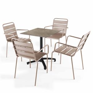 Ensemble table de terrasse stratifié marbre beige et 4 faut…