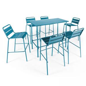 Ensemble table haute de jardin et 6 chaises en métal bleu p…