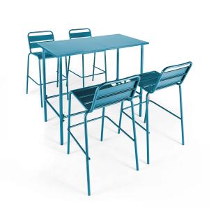 Ensemble table haute et 4 chaises de bar en métal bleu paci…