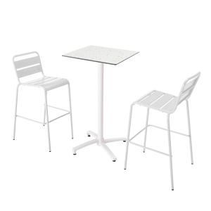 Ensemble table haute stratifié terrazzo et 2 chaises blanc