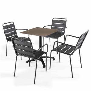 Ensemble table jardin stratifié taupe et 4 fauteuils gris