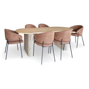 Ensemble table ovale et 6 fauteuils en tissu brique