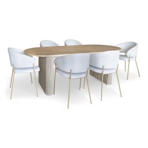 Ensemble table ovale et 6 fauteuils en tissu écru