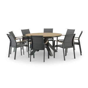 Ensemble table ronde anthracite et 6 chaises textiles