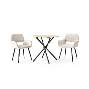 Ensemble table ronde bois clair et 2 chaises beige