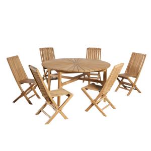 Ensemble table ronde en teck et 6 chaises pliantes
