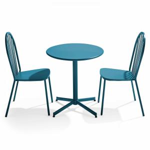 Ensemble table ronde et 2 chaises de jardin en métal bleu p…