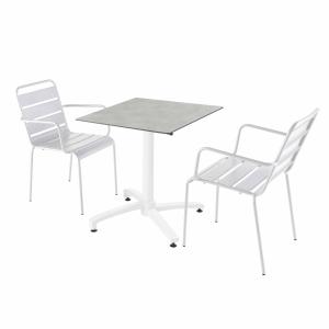 Ensemble table terrasse stratifié béton avec 2 fauteuils bl…