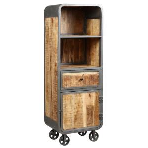 Etagère 1 tiroir 1 porte en acier gris et bois massif
