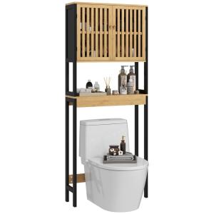 Étagère de toilettes placard 2 portes bambou naturel/noir
