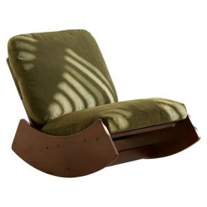 Fauteuil à bascule vintage velours côtelé vert pieds bois
