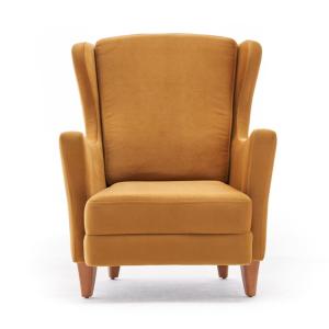 Fauteuil à oreilles en velours moutarde