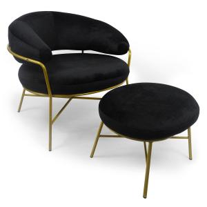 Fauteuil avec pouf en velours noir et pieds or
