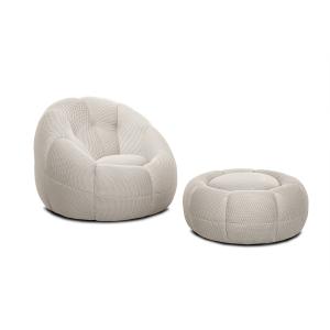 Fauteuil avec pouf tissu écru