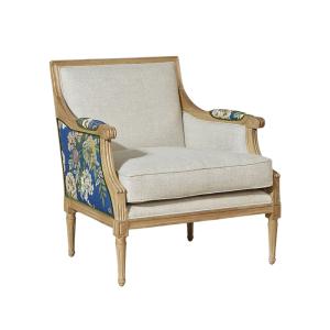 Fauteuil bergère en bois massif et tissu lin fleuri bleu