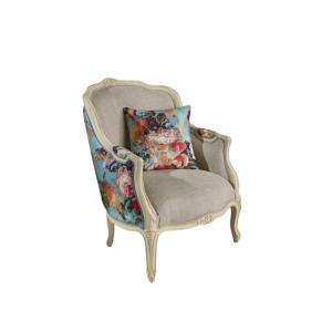 Fauteuil bergère en lin et tissu à motifs