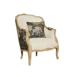 Fauteuil bergère lin et tissu imprimé à motifs