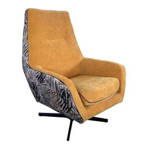 Fauteuil bicolore tissu imprimé et velours ocre